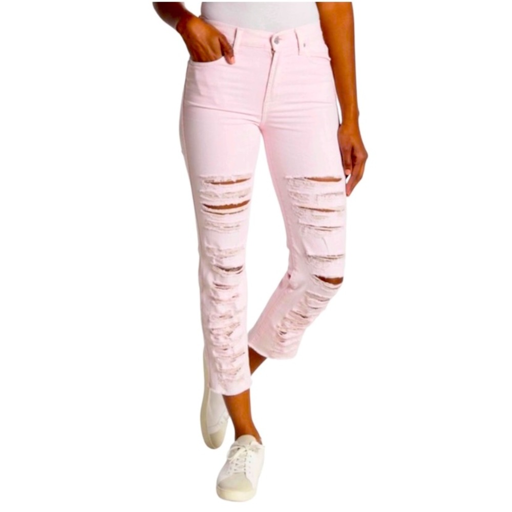 7 For All Mankind Jeans - High Waist Cropped Straight - Mineral Pink Shredded